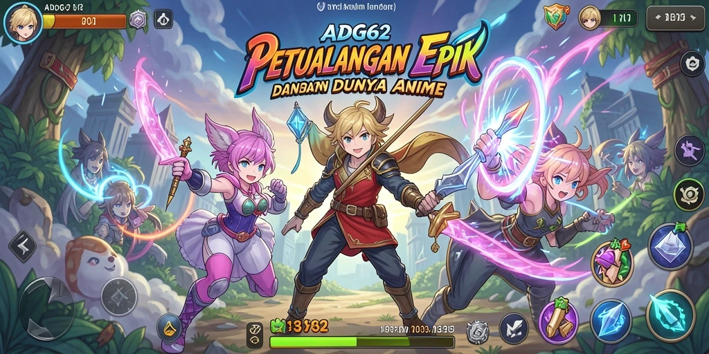 Screenshot menunjukkan karakter anime dari ADG62 dalam pertempuran yang dinamis.