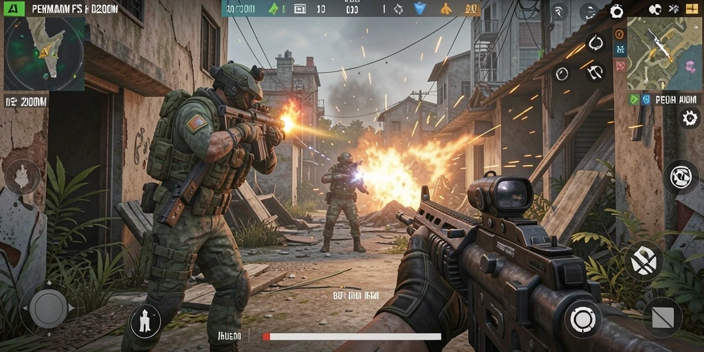 Screenshot utama D200M menampilkan aksi pertempuran FPS yang mendebarkan.