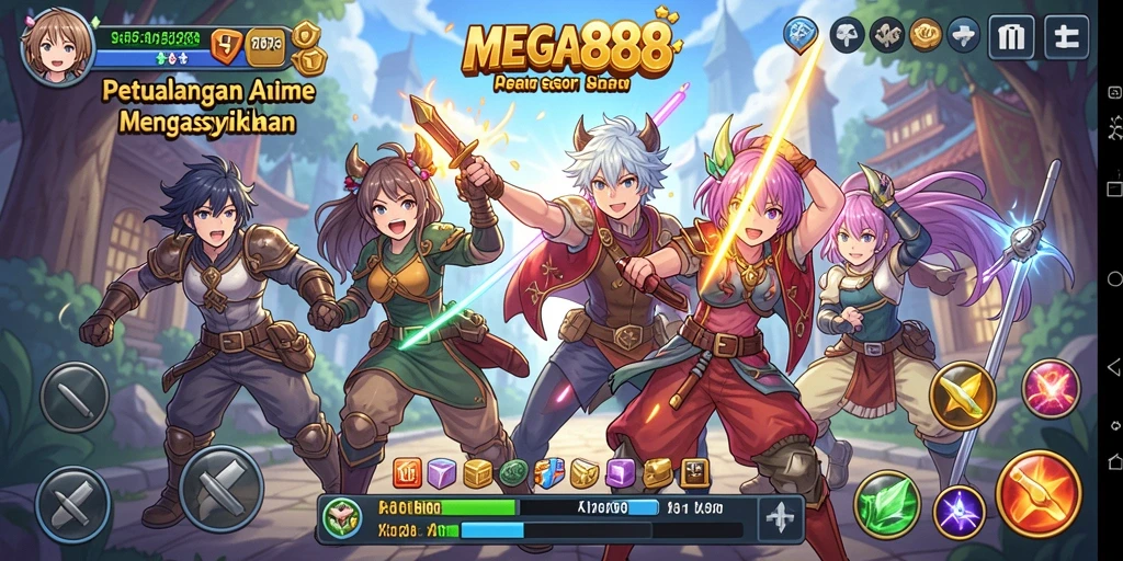 Tangkapan layar gameplay MEGA888 menampilkan pertarungan karakter Anime yang mendebarkan.
