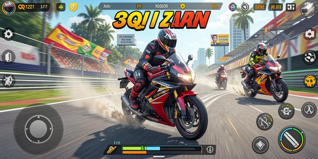 Screenshot gameplay QQ1221 menunjukkan aksi balap motor yang mendebarkan.